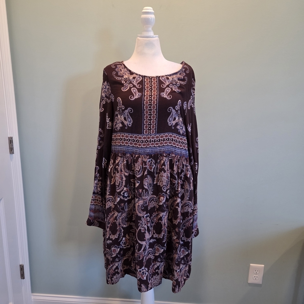 Knox Rose XL Boho Paisley Print Long Sleeve Shift Dress Brown Blue - Picture 2 of 14